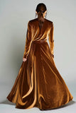 Brown A-Line V-Neck Velvet Holiday Party Dress with Long Sleeves