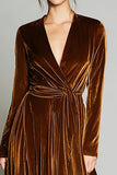 Brown A-Line V-Neck Velvet Holiday Party Dress with Long Sleeves