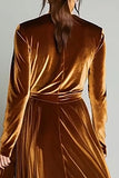 Brown A-Line V-Neck Velvet Holiday Party Dress with Long Sleeves