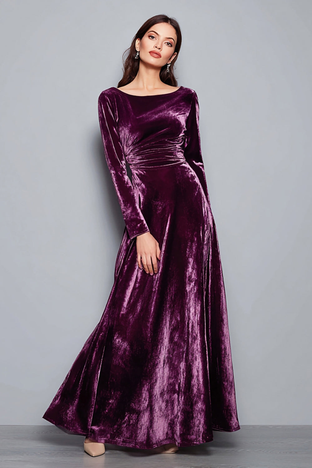 WEDTREND Women Purple Velvet Holiday Dress Bateau Neck A-Line Formal Dress with Long Sleeves, Plum / US26W