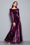 Purple A-Line Velvet Holiday Dress with Long Sleeves