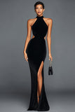 Mermaid Velvet Halter Cut Out Black Tie Dress with Slit