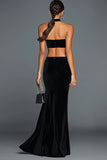 Mermaid Velvet Halter Cut Out Black Tie Dress with Slit