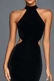 Mermaid Velvet Halter Cut Out Black Tie Dress with Slit