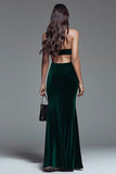 Dark Green Halter Cut Out Mermaid Velvet Formal Dress with Slit