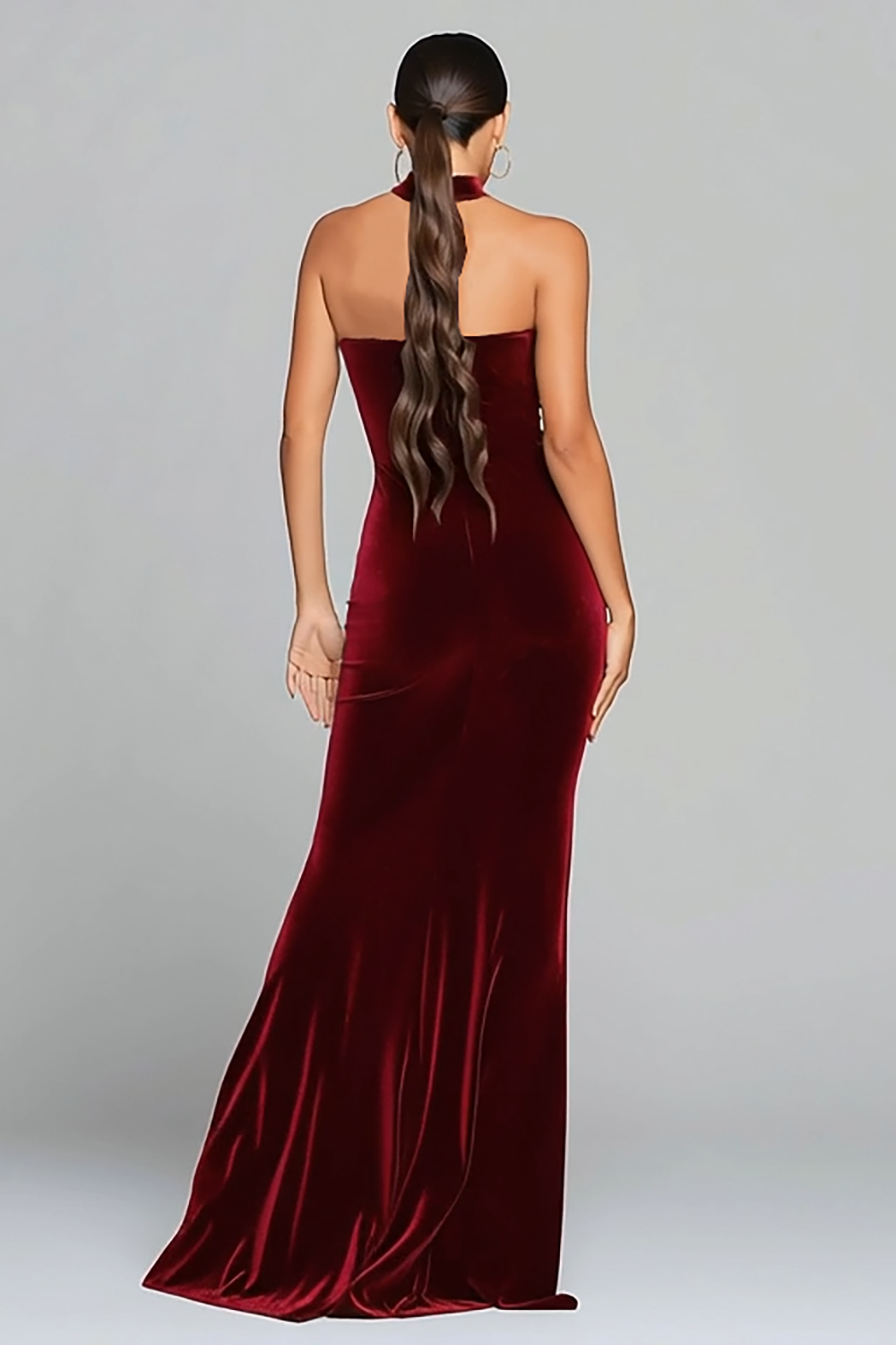burgundy velvet halter dress Zapaka Women Burgundy Long Formal Dress with Slit Halter Velvet Mermaid Holiday Party Dress with Keyhole, Burgundy / US2
