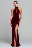Burgundy Mermaid Velvet Halter Formal Dress with Slit