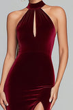 Burgundy Mermaid Velvet Halter Formal Dress with Slit