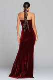 Burgundy Mermaid Velvet Halter Formal Dress with Slit
