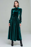 Peacock Green Velvet A-Line Holiday Party Dress with Long Sleeves