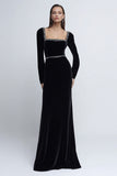 Black Sheath Square Neck Long Sleeves Velvet Dress with Beading