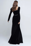 Black Sheath Square Neck Long Sleeves Velvet Dress with Beading