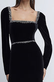 Black Sheath Square Neck Long Sleeves Velvet Dress with Beading