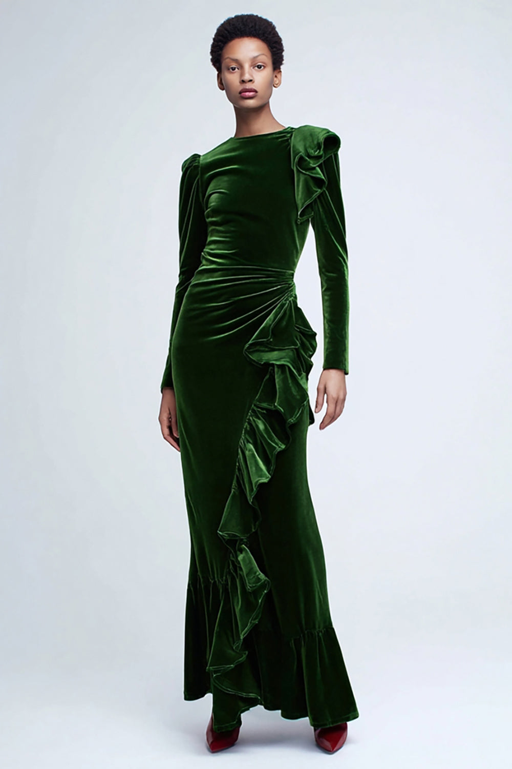 WEDTREND Women Green Velvet Holiday Dress Long Sleeve Sheath Formal Dress with Ruffles WEDTREND Women Green Velvet Holiday Dress Long Sleeve Sheath Formal Dress with Ruffles