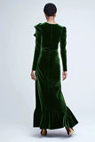 Green Sheath Velvet Long Sleeves Holiday Dress with Ruffles