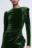 Green Sheath Velvet Long Sleeves Holiday Dress with Ruffles