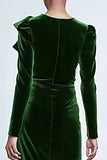 Green Sheath Velvet Long Sleeves Holiday Dress with Ruffles