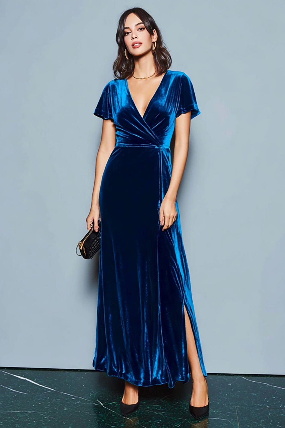 WEDTREND Women Velvet Dark Blue Holiday Dress A-Line V-Neck Formal Dress with Slit WEDTREND Women Velvet Dark Blue Holiday Dress A-Line V-Neck Formal Dress with Slit