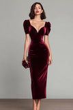 Burgundy Sheath V-Neck Long Velvet Dress with Puff Sleeves