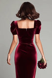Burgundy Sheath V-Neck Long Velvet Dress with Puff Sleeves