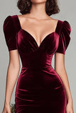 Burgundy Sheath V-Neck Long Velvet Dress with Puff Sleeves