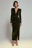 Olive Sheath Long Sleeves Velvet Ruched Formal Dress with Slit