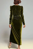 Olive Sheath Long Sleeves Velvet Ruched Formal Dress with Slit