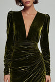 Olive Sheath Long Sleeves Velvet Ruched Formal Dress with Slit