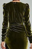 Olive Sheath Long Sleeves Velvet Ruched Formal Dress with Slit