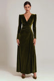 Olive Velvet A-Line V-Neck Holiday Dress With Long Sleeves