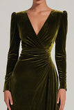 Olive Velvet A-Line V-Neck Holiday Dress With Long Sleeves