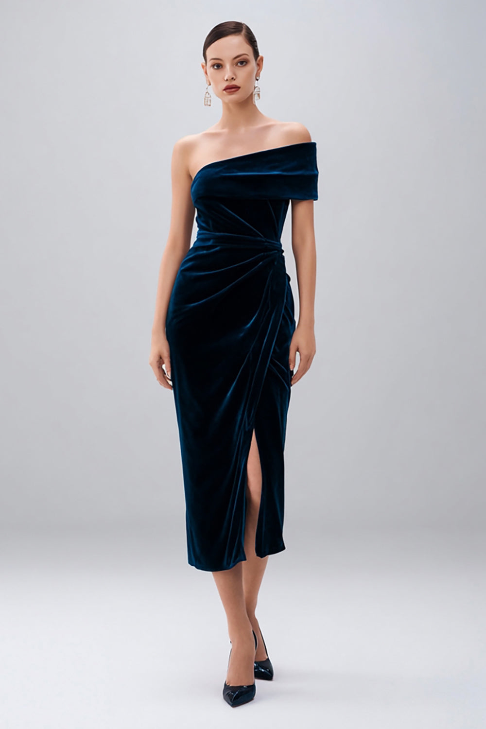 WEDTREND Women Navy One Shoulder Semi-Formal Dress with Slit Velvet Ruched Sheath Midi Wedding Guest Dress WEDTREND Women Navy One Shoulder Semi-Formal Dress with Slit Velvet Ruched Sheath Midi Wedding Guest Dress