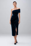 Navy One Shoulder Velvet Semi-Formal Dress with Slit