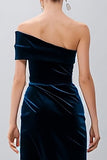 Navy One Shoulder Velvet Semi-Formal Dress with Slit