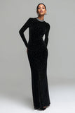 Black Sheath Long Sleeves Velvet Dress with Beading