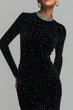 Black Sheath Long Sleeves Velvet Dress with Beading