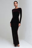 Velvet Sheath Long Sleeves Coffee Formal Dress with Beading