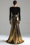 Sparkly Gold and Black Velvet V-Neck Formal Dress with Long Sleeves