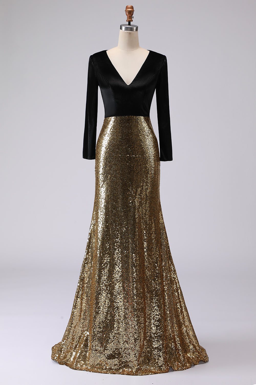 WEDTREND Women Sparkly Gold and Black Formal Dress Velvet V-Neck Gala Dress with Long Sleeves WEDTREND Women Sparkly Gold and Black Formal Dress Velvet V-Neck Gala Dress with Long Sleeves