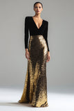 Sparkly Gold and Black Velvet V-Neck Formal Dress with Long Sleeves