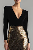 Sparkly Gold and Black Velvet V-Neck Formal Dress with Long Sleeves