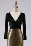 Sparkly Gold and Black V-Neck Velvet Formal Dress with Long Sleeves
