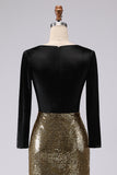 Sparkly Gold and Black V-Neck Velvet Formal Dress with Long Sleeves