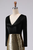 Sparkly Gold and Black V-Neck Velvet Formal Dress with Long Sleeves