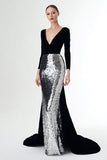 Mermaid Velvet Black and Silver Sequins Formal Dress with Long Sleeves