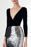 Mermaid Velvet Black and Silver Sequins Formal Dress with Long Sleeves