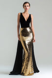 Gold and Black Mermaid Sequins V-Neck Gala Dress with Sash