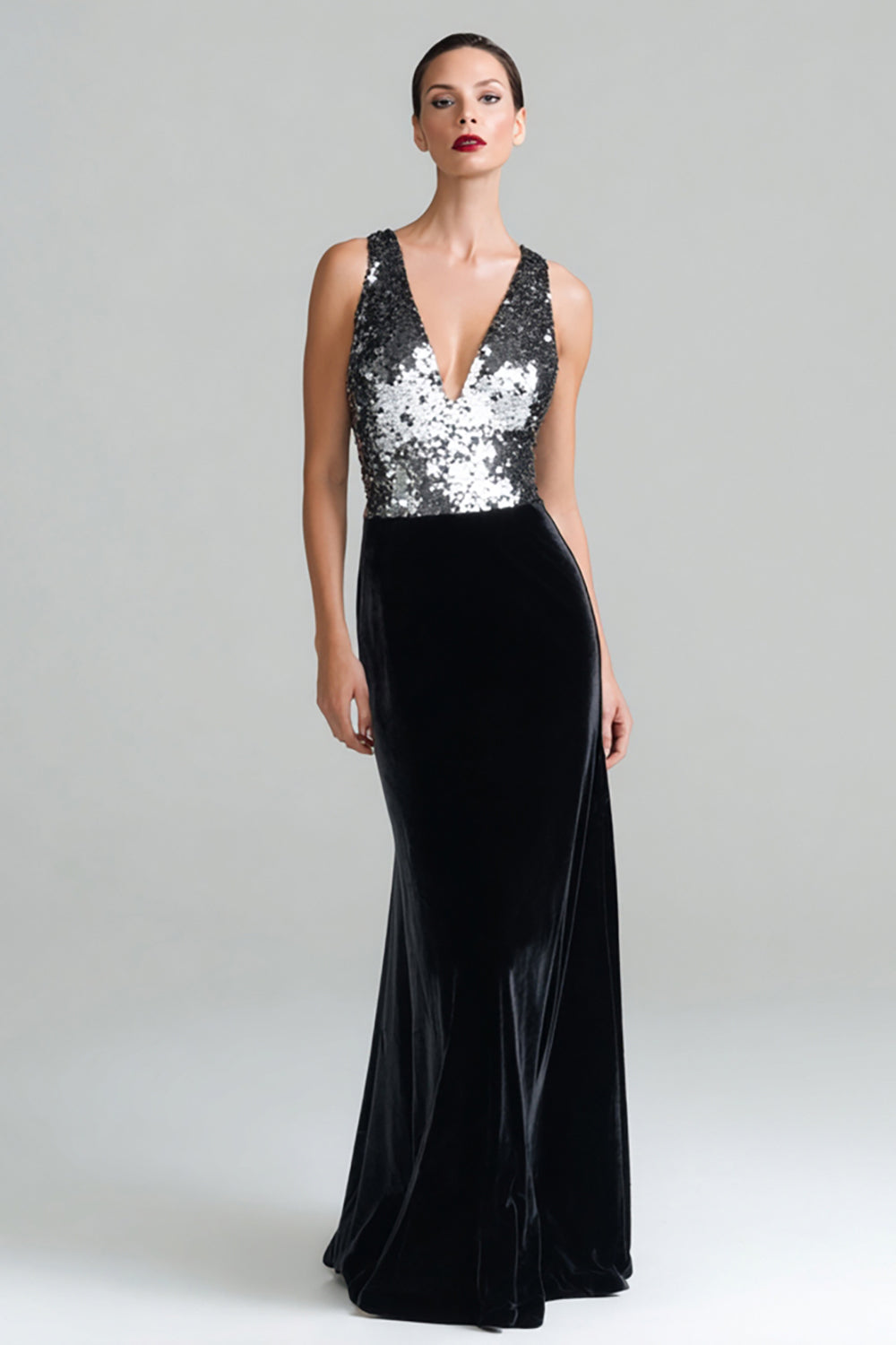 WEDTREND Women Black and Silver Velvet Formal Dress Mermaid V-Neck Maxi Holiday Dress With Sequins WEDTREND Women Black and Silver Velvet Formal Dress Mermaid V-Neck Maxi Holiday Dress With Sequins