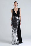 Black and Silver Sequins Mermaid Velvet Formal Dress with Sash