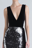 Black and Silver Sequins Mermaid Velvet Formal Dress with Sash